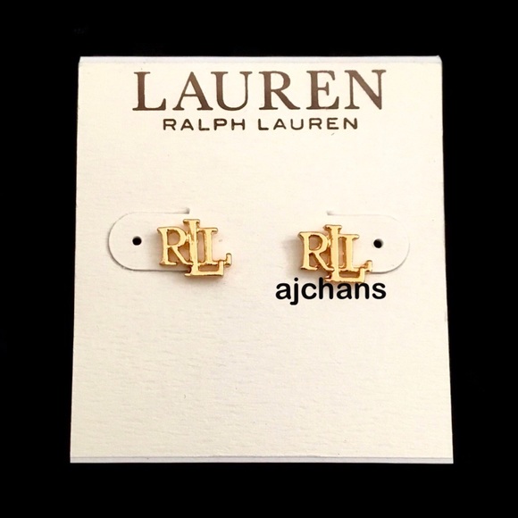 Lauren Ralph Lauren Gold Tone RLL Logo Stud Earrings - Picture 2 of 3